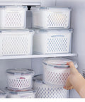 Refrigerator shelves with Three Pack Fridge Storage Containers With Lids And Strainer Basket That Keeps Fruits Vegetables Berry And Meat Fresh Longer BPA Free For Easy Meal Prep And Fridge Organization Stay Fresh.