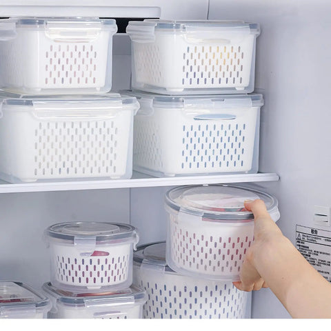 Refrigerator shelves with Three Pack Fridge Storage Containers With Lids And Strainer Basket That Keeps Fruits Vegetables Berry And Meat Fresh Longer BPA Free For Easy Meal Prep And Fridge Organization Stay Fresh.