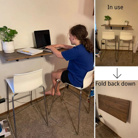 Rock Solid 8 Inch Folding Shelf Brackets With Hardcore Load Rating For Diy Space Saving Wall Mount Shelves, table folded and in use.