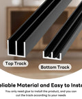 Black metal sliding door track kit showing top and bottom tracks for one quarter inch thick panels, part of two sets 48 inch length.