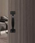 Installed Ten Pack 6 Inch Metal Bow Door Handles Black Matte Vintage Barn Door Pulls For Furniture Cabinets Kitchen Drawers Dressers And Gates Beefy Iron Rustproof Anti Corrosion Wear Resistant Hollow Design Zorveiio on wooden door