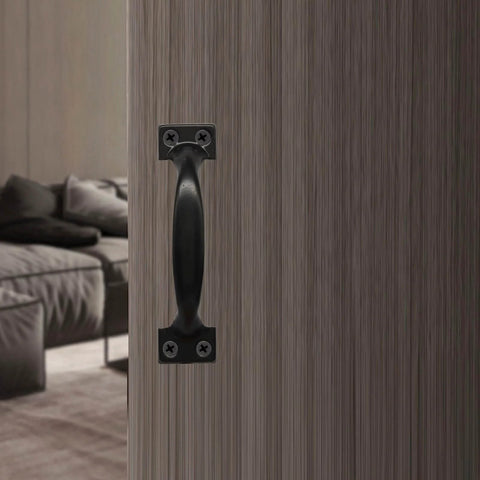 Installed Ten Pack 6 Inch Metal Bow Door Handles Black Matte Vintage Barn Door Pulls For Furniture Cabinets Kitchen Drawers Dressers And Gates Beefy Iron Rustproof Anti Corrosion Wear Resistant Hollow Design Zorveiio on wooden door
