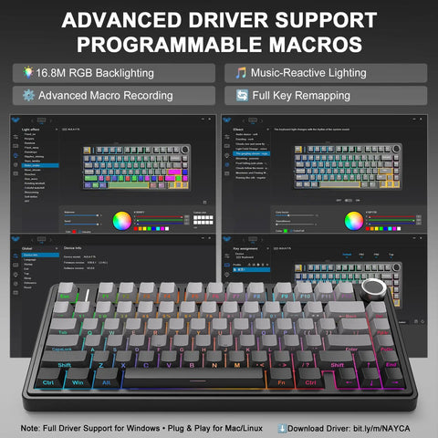 Top Notch 75 Percent Wireless Mechanical Keyboard Featuring Gasket Mount Build Hot Swappable Switches Tri Mode Bluetooth Connectivity Buttery Smooth Linear Action Classic Pbt Keycaps Glowing Rgb Illumination For Your Sweet Pc Setup showcasing advanced driver support and macro settings.