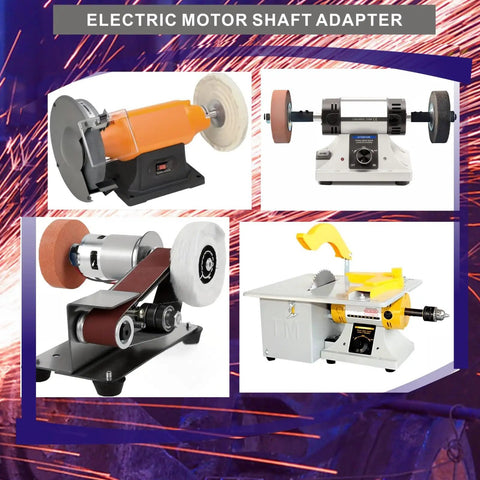 Collage of bench grinders showing 8mm Motor Arbor Adapter And Shaft Extender Kit For Bench Grinder DIY Friendly Setup