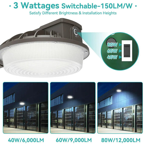 Dusk To Dawn Outdoor Wall Pack Light With Photocell Sensor, 80W 60W 40W Adjustable LED Flood Lighting options and brightness display