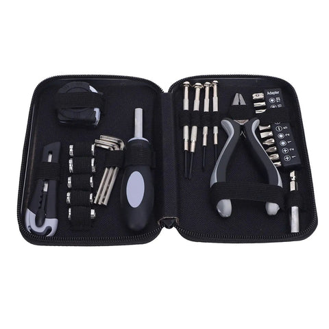 Open case of Must Have Home Repair Starter Tool Kit With Ten Bit Set Four Screwdrivers Tape Measure Pliers Hex Wrenches