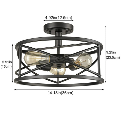 Farmhouse Black Ceiling Light 3 Light Rustic Metal Caged Fixture With Industrial Style Semi Flush Mount Drum Light