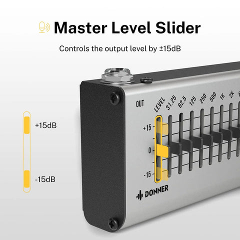 10 Band Graphic EQ Pedal For Guitar And Bass True Bypass Design Compact EQ Seeker showing master level slider