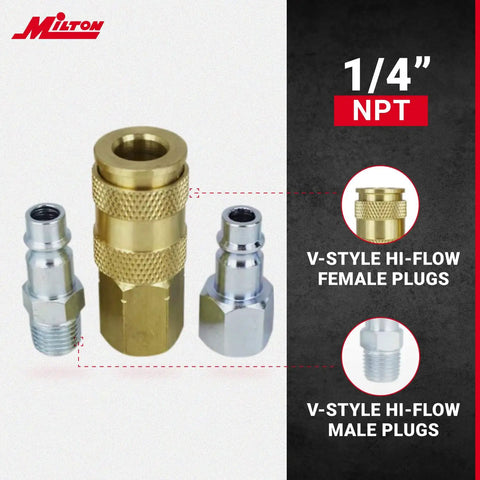 V Style One Quarter Inch NPT Coupler And Plug Kit Six Piece High Flow Heavy Duty For Air Lines with brass coupler and plugs