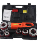 Portable Electric Pipe Threader Kit With Six Top Tier Dies Handheld Threading Machine in durable carry case with accessories.