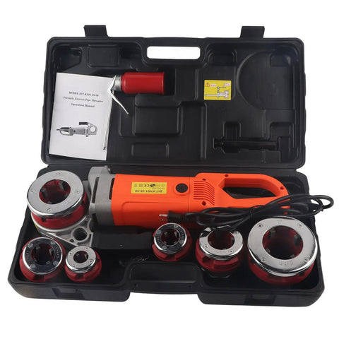 Portable Electric Pipe Threader Kit With Six Top Tier Dies Handheld Threading Machine in durable carry case with accessories.
