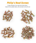 Four piles of Philip's head screws for 3-5mm holes, zinc-plated steel, showcasing parts of 170 Piece Car U Clip And Screw Kit.