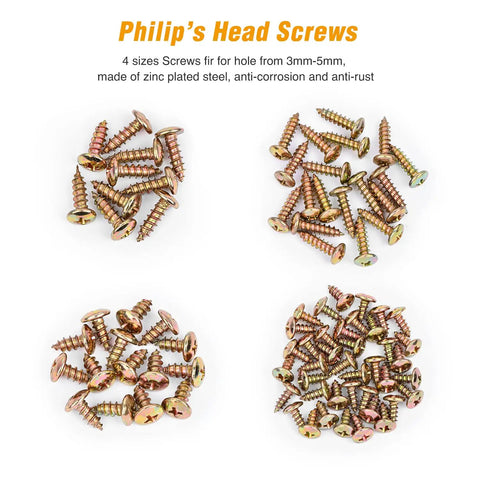 Four piles of Philip's head screws for 3-5mm holes, zinc-plated steel, showcasing parts of 170 Piece Car U Clip And Screw Kit.