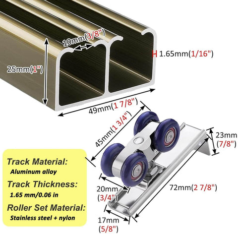 Heavy Duty Double Closet Sliding Door Track Kit With Floor Guide And Rollers For Bypass Barn Doors, aluminum specifications