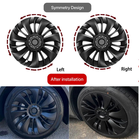 Snag These Fresh Multi Spoke Wheel Covers For Tesla Model Y 19 Inch Hubcaps 2020 To 2024 Four Piece Set before and after installation.