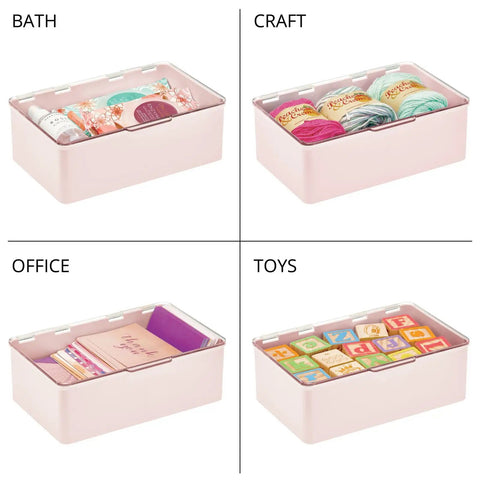 Stackable Plastic Storage Organizer Boxes With Hinged Lids For Office Bedroom Entryway Garage And Craft Room In Light Pink And Clear