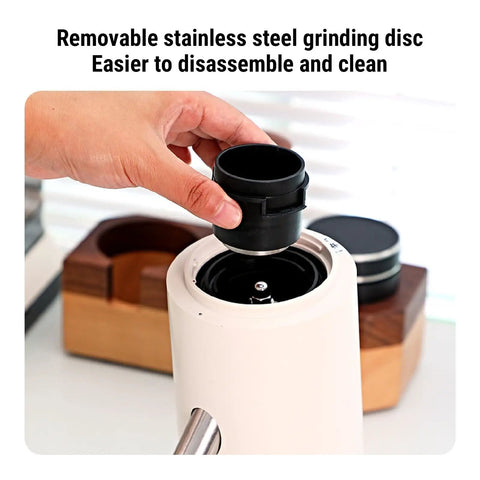 Top Shelf Electric Burr Coffee Grinder With 60 Precision Settings And 80G Single Dose Hopper Kicking Out Smooth Grinds For Espresso Drip French Press Or Cold Brew Brewing With Anti Static Design For Zero Hassle, showing removable stainless steel grinding disc.