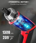 Close-up of 4V Cordless Screwdriver Kit With 44 Accessories, showcasing powerful motor feature and LED light illumination.