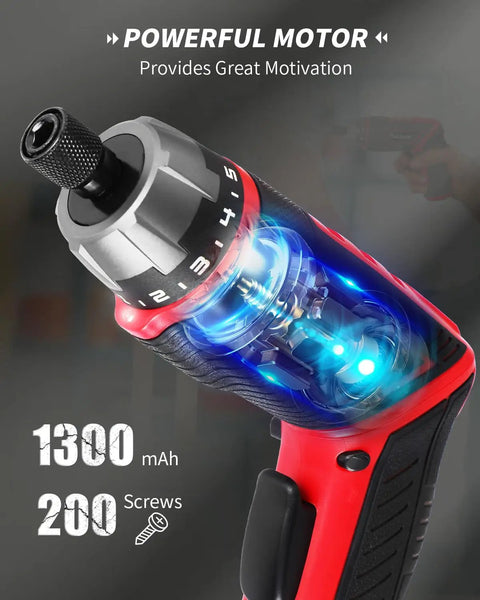 Close-up of 4V Cordless Screwdriver Kit With 44 Accessories, showcasing powerful motor feature and LED light illumination.