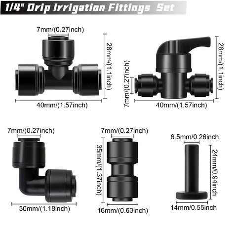 Bulk 45 Pack Quick Connect Drip Irrigation Fittings Kit For One Quarter Inch Tubing featuring various connector dimensions