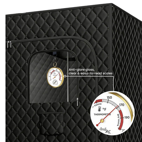 2 In 1 Sauna Thermometer And Hygrometer For Home Infrared Indoor Use Portable Steam Sauna Box Accessory Precision Temperature Gauge And Humidity Monitor Measures 68 To 212 Fahrenheit And 0 To 100 Percent Humidity hanging in black sauna box