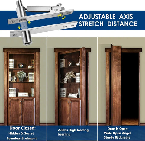 Heavy Duty Pivot Hinge Set With Magnetic Door Catch For Wood Doors And Secret Rooms Offering 360 Spin Capability And Stealthy Invisible Design Built Tough For Daily Grind - adjustable axis, high loading capacity displayed.