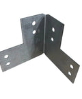 Beefy Heavy Duty 12 Gauge Steel Corner Bracket For 4x4 Posts, Built To Last DIY Workbench, shown in angled iron with bolt holes.