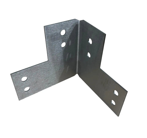 Beefy Heavy Duty 12 Gauge Steel Corner Bracket For 4x4 Posts, Built To Last DIY Workbench, shown in angled iron with bolt holes.