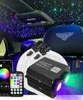 20W Dual Head Fiber Optic Lights Kit With RGBW Twinkle Heads installed in car headliner, remote control shown, stars lit on ceiling