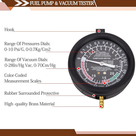 VECKYJL vacuum gauge tester kit, black round gauge with brass connector and hanging hook.