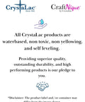 CrystaLac product information text highlighting water-based, non-toxic, non-yellowing, self-leveling qualities and durability.
