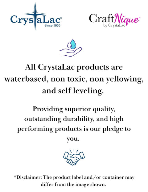 CrystaLac product information text highlighting water-based, non-toxic, non-yellowing, self-leveling qualities and durability.