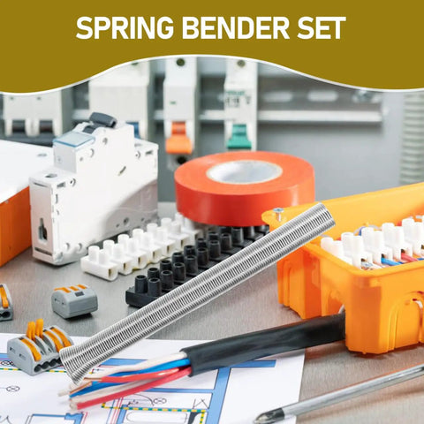Awesome 7 Piece Spring Tube Bender Set For Plastics And Copper Pipes on workbench with electrical tools and wires.