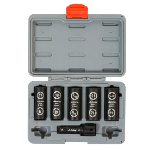 Damaged Lug Nut Flip Socket Set With Half Inch Drive And Three Inch Extension Includes Seventeen Millimeter, Nineteen Millimeter, Twenty One Millimeter, Thirteen Sixteenths Inch, And Seven Eighths Inch Sockets For Quick Lug Nut Removal in a gray case