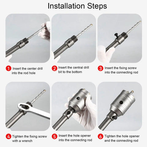 Pro Tungsten Steel Hole Saw Kit With YG8C Alloy Heads For Concrete Brick And Cement Drilling 30 To 110mm Diameters Plus Connectors installation steps