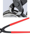 9 Inch Ear Clamp Pliers Carbon Steel Pincer Tool with red handles close-up on clamping section and full tool view