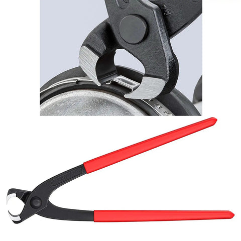 9 Inch Ear Clamp Pliers Carbon Steel Pincer Tool with red handles close-up on clamping section and full tool view