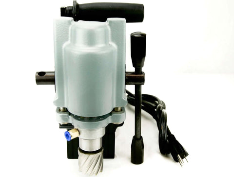 Front view of TYP-28A mini magnetic drill with gray housing, annular cutter, and power cord.