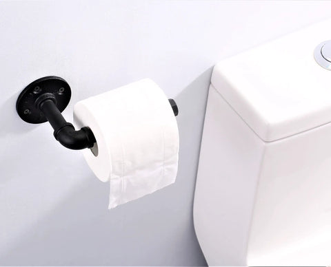Heavy Duty Industrial Pipe Toilet Paper Holder And Towel Rack in matte black next to toilet, rustic farmhouse style