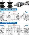 Nema23 Planetary Gearbox with 6 To 1 Worm Gear Reducer drawings showing input and output shaft dimensions for CNC applications.
