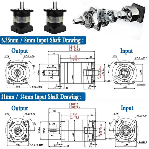 Nema23 Planetary Gearbox with 6 To 1 Worm Gear Reducer drawings showing input and output shaft dimensions for CNC applications.