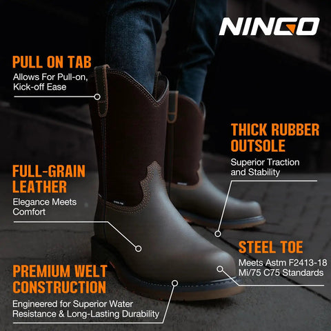 Steel Toe Waterproof Wellington Style Mens Work Boots With Full Grain Leather Pull On Non Slip EH Protection