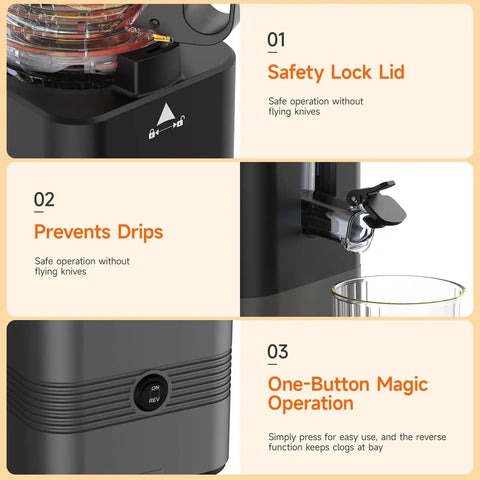This Super Quiet 400W Cold Press Juicer Boasts A Massive 5.8 Inch Wide Chute For Fast And Easy Prep with safety features and one-button operation.