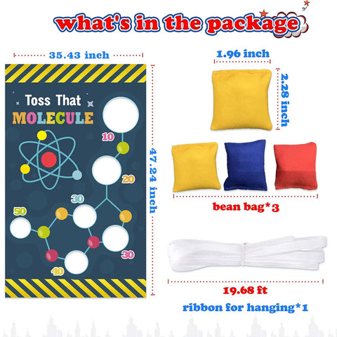 Science Toss Banner Backdrop for Chemistry Party Decor Molecule Theme School Lab Classroom Decorations Party Supplies Favors and Photo Booth Background for Birthday Celebrations and Classroom Activities Totally Party Ready Science Game showing package contents including bean bags and ribbon.