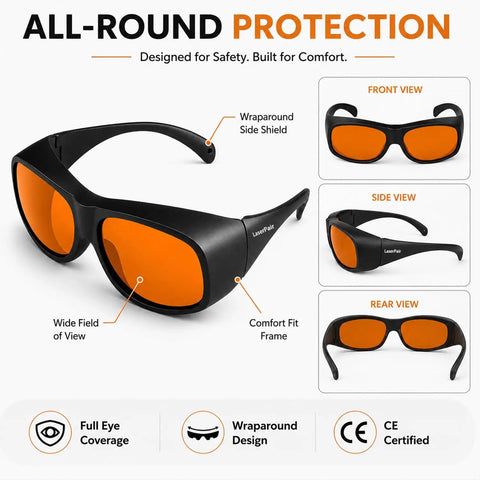 Pro Grade Multi Wavelength Laser Safety Glasses With Heavy Duty Optics Spanning 180 To 1095 Nm For Industrial Medical And Lab Work That Keep Your Vision Crisp And Bulletproof, featuring wraparound design and orange lenses.