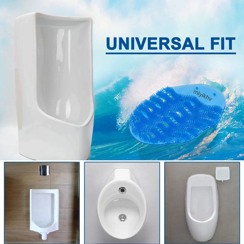 50 Pack Urinal Deodorizer Screens With Fresh Scent Blue And Orange Anti Splash Urinal Screen For Restrooms Restaurants Offices And Schools Keep Floors Clean Odors Down And Maintenance Quick And Easy displayed with urinals.