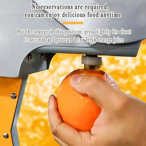 Heavy Duty Manual Commercial Electric Juicer Press With Corer And Double Blades For Large Fruits, extracting juice from an orange.