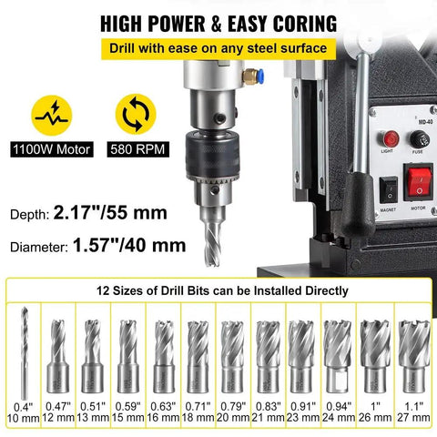 Heavy Duty Electric Magnetic Drill Press With Rock Solid Magnet Base Pro 1100 Watt Motor with drill bits for steel hole making