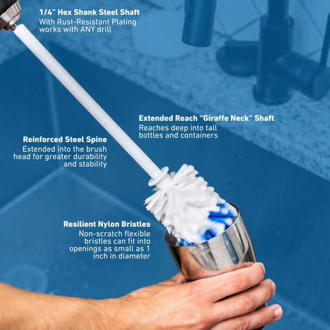 Drill Powered Bottle Brush Cleaner For Water Bottles Mugs Cups Pots Glasses Jars Blenders And Pitchers White And Blue in cup