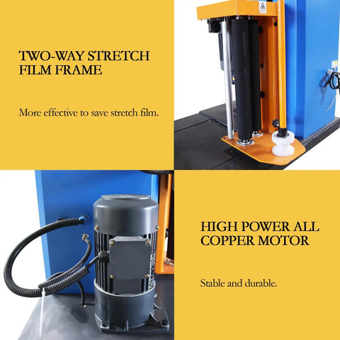 Two-way stretch film frame and high power all copper motor of Workhorse Industrial Pallet Wrapping Machine With 4409 Pounds Capacity And 65 Inch Turntable Featuring Forklift Hole For Bulletproof Shrink Wrap Sealing On Massive Loads 110V.